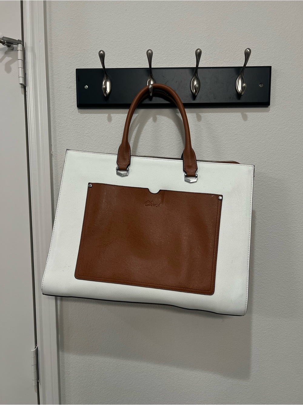 Leather Two-Tone White and Brown Laptop Tote - Women Bags Laptop Bag